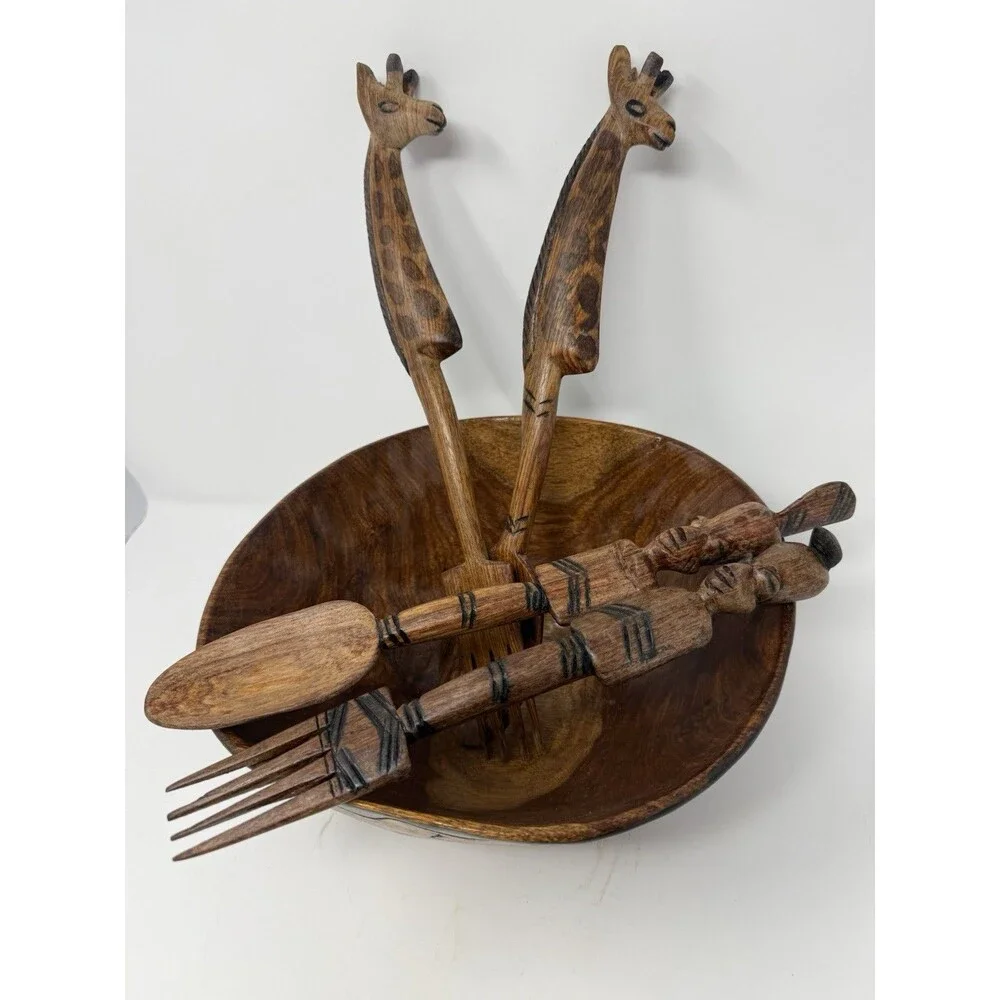 5pc Wood Serving Set 12in Bowl Spoon Fork Carved Giraffe Handles African